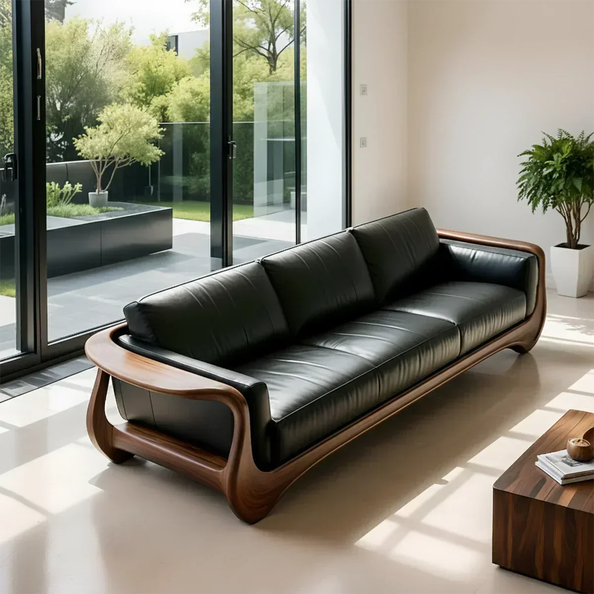 Premium Leather & Natural Solid Wood Sofa – Sculpted Modern Form - Rustiracraft