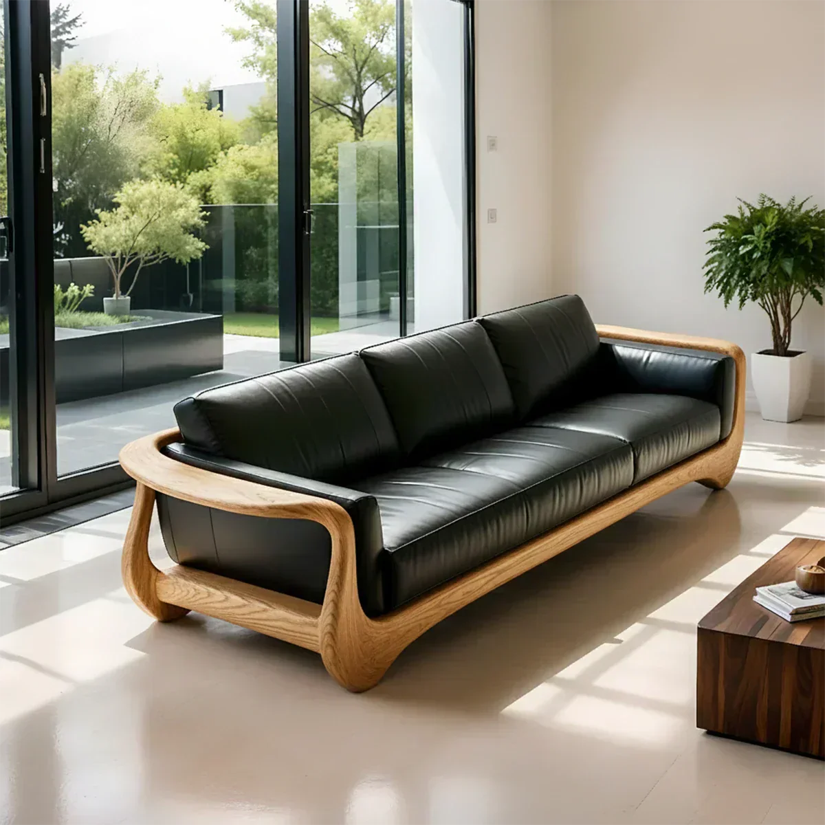 Premium Leather & Natural Solid Wood Sofa – Sculpted Modern Form - Rustiracraft