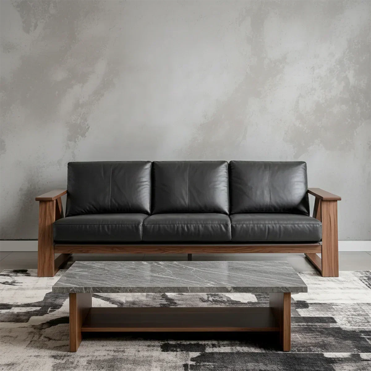 Premium Leather Sofa with Modern Z-Frame in Natural Solid Wood - Rustiracraft