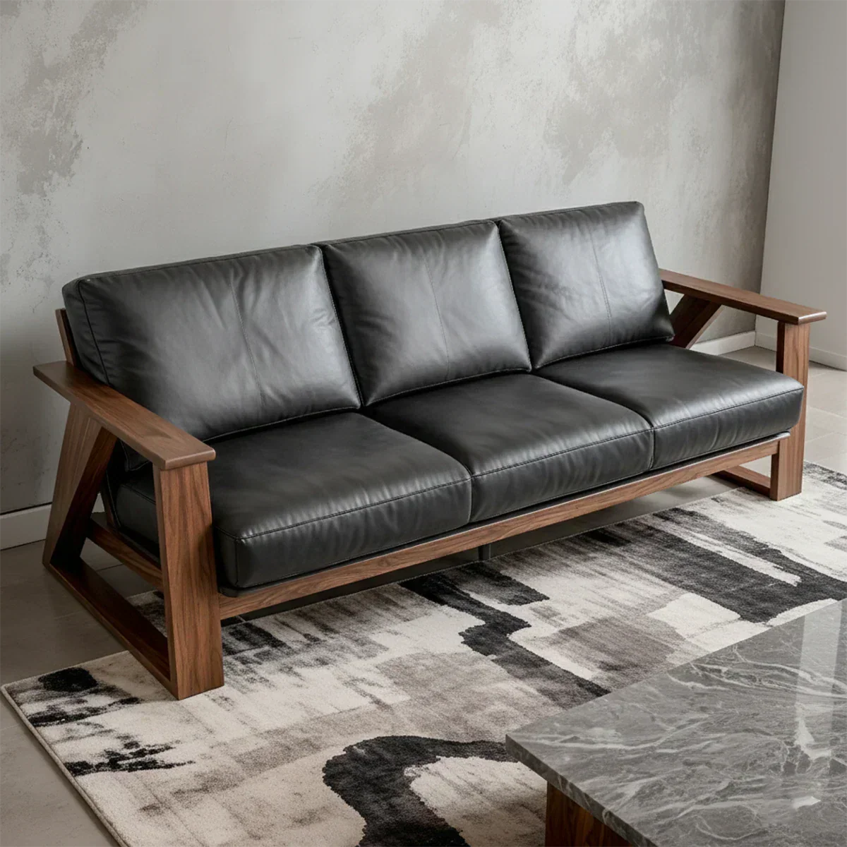 Premium Leather Sofa with Modern Z-Frame in Natural Solid Wood - Rustiracraft