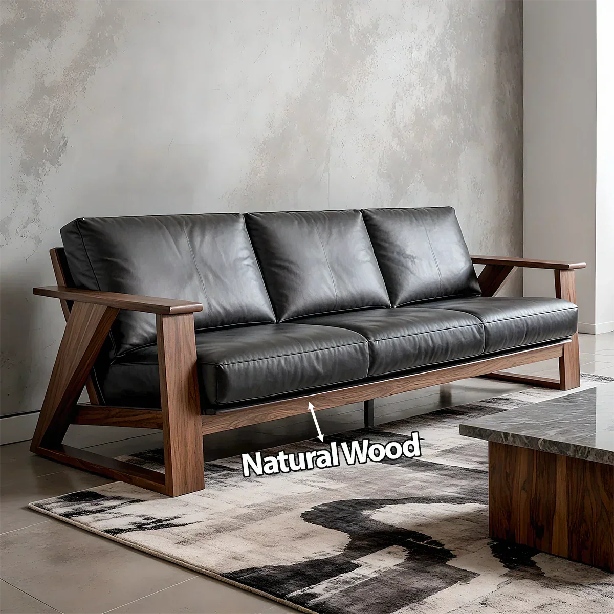 Premium Leather Sofa with Modern Z-Frame in Natural Solid Wood - Rustiracraft