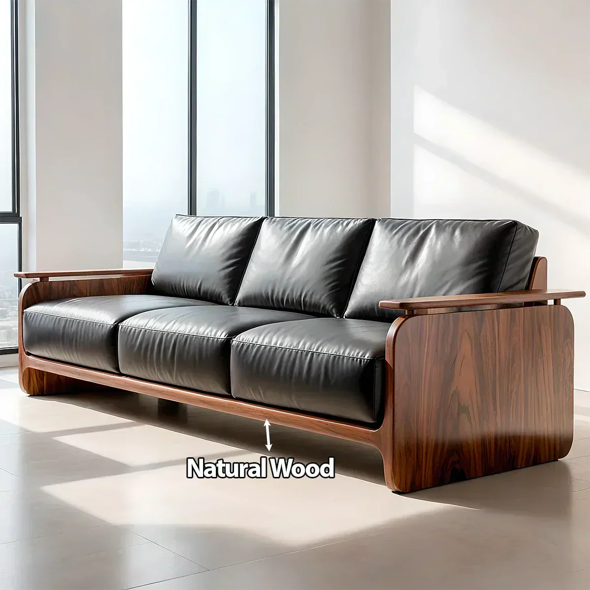 Premium Leather Sofa with Solid Wood Base – Modern Minimalist - Rustiracraft