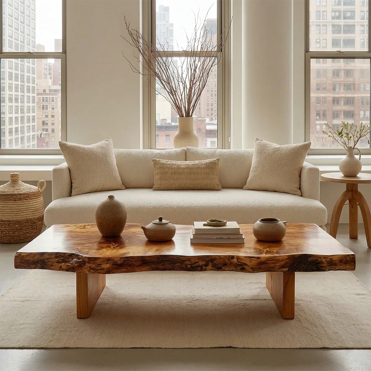 Premium Live Edge Coffee Table with Low Pedestal Base in Natural Solid Wood - Rustiracraft