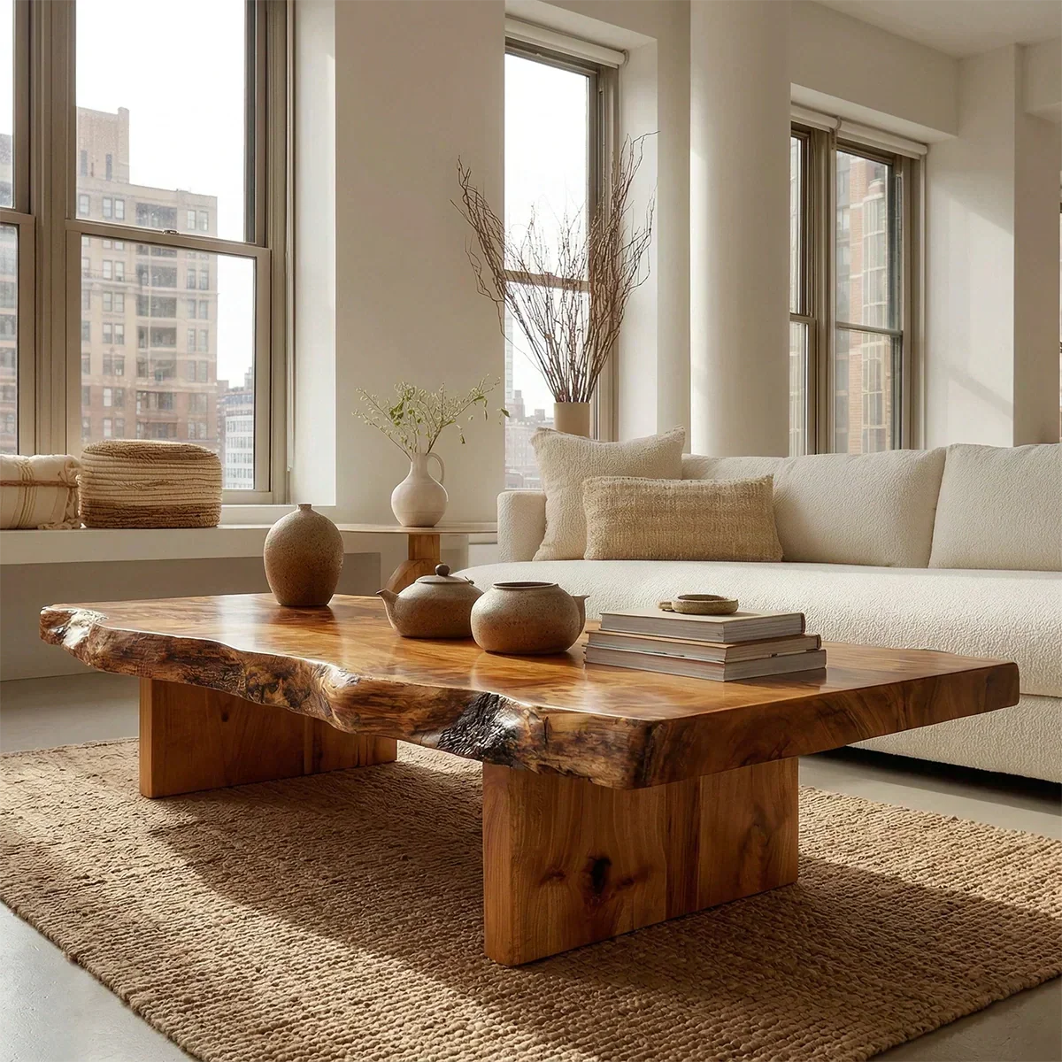Premium Live Edge Coffee Table with Low Pedestal Base in Natural Solid Wood - Rustiracraft