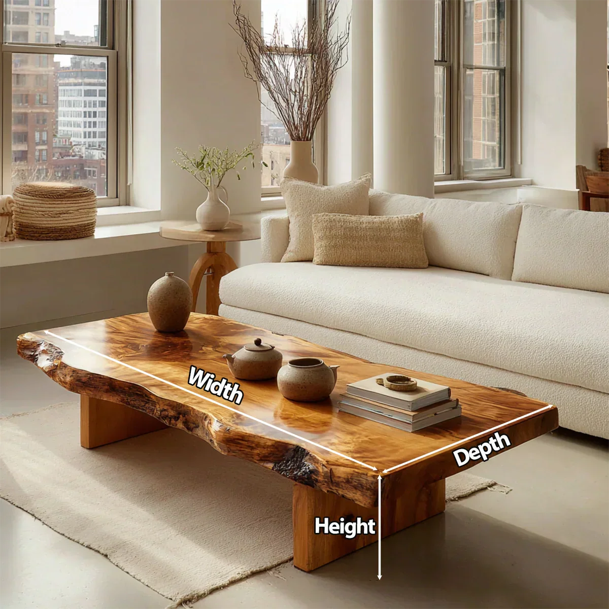 Premium Live Edge Coffee Table with Low Pedestal Base in Natural Solid Wood - Rustiracraft