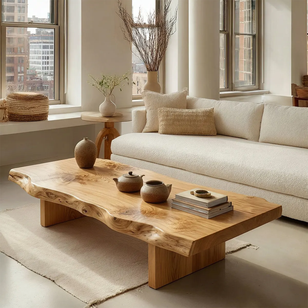 Premium Live Edge Coffee Table with Low Pedestal Base in Natural Solid Wood - Rustiracraft