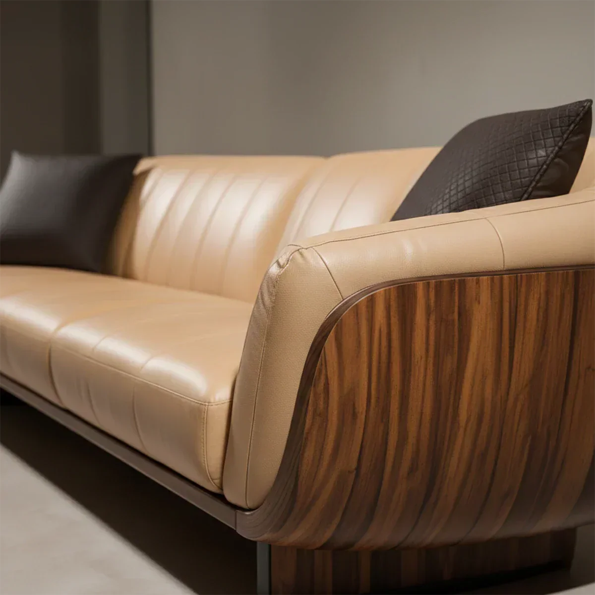 Premium Solid Wood Leather Sofa – Modern Sculptural Design - Rustiracraft