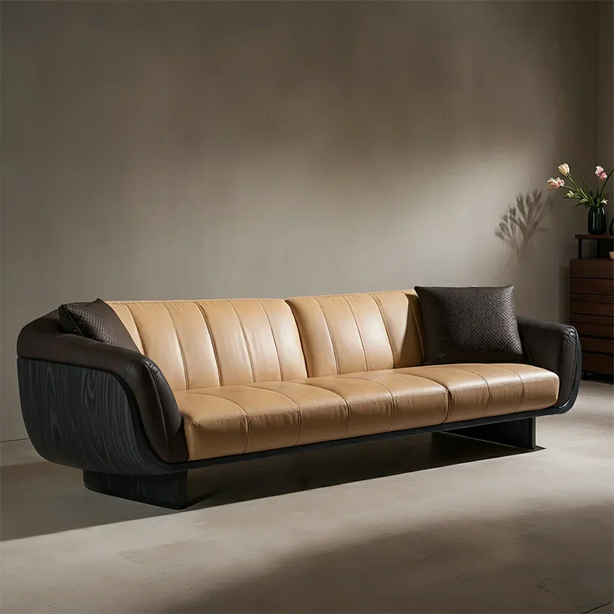 Premium Solid Wood Leather Sofa – Modern Sculptural Design - Rustiracraft