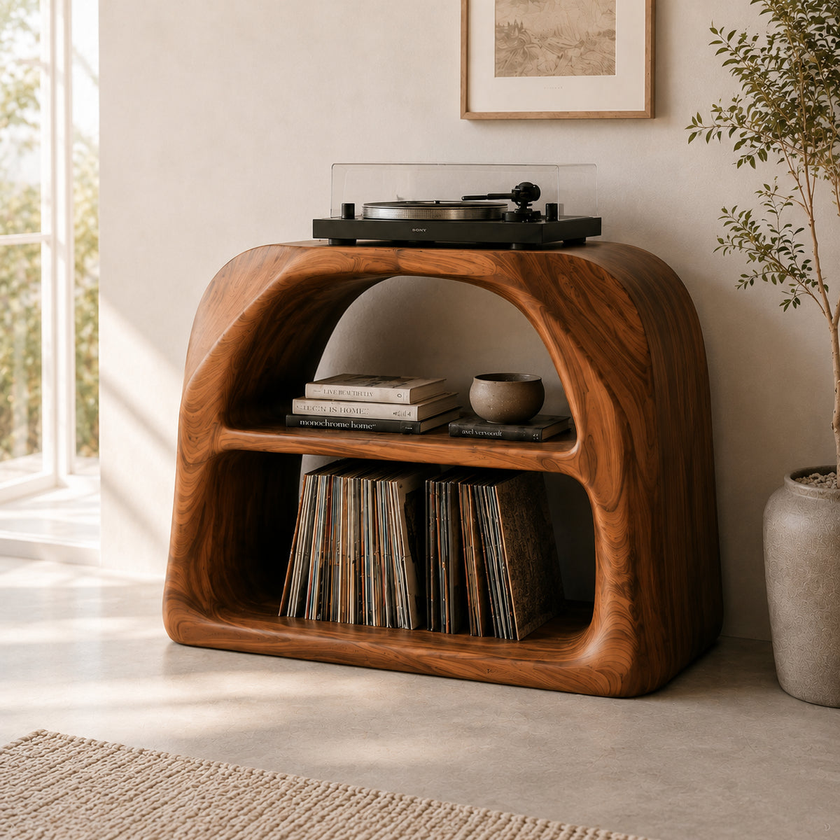 Record Player Stand with Arched Vinyl Storage in Natural Solid Wood - Rustiracraft