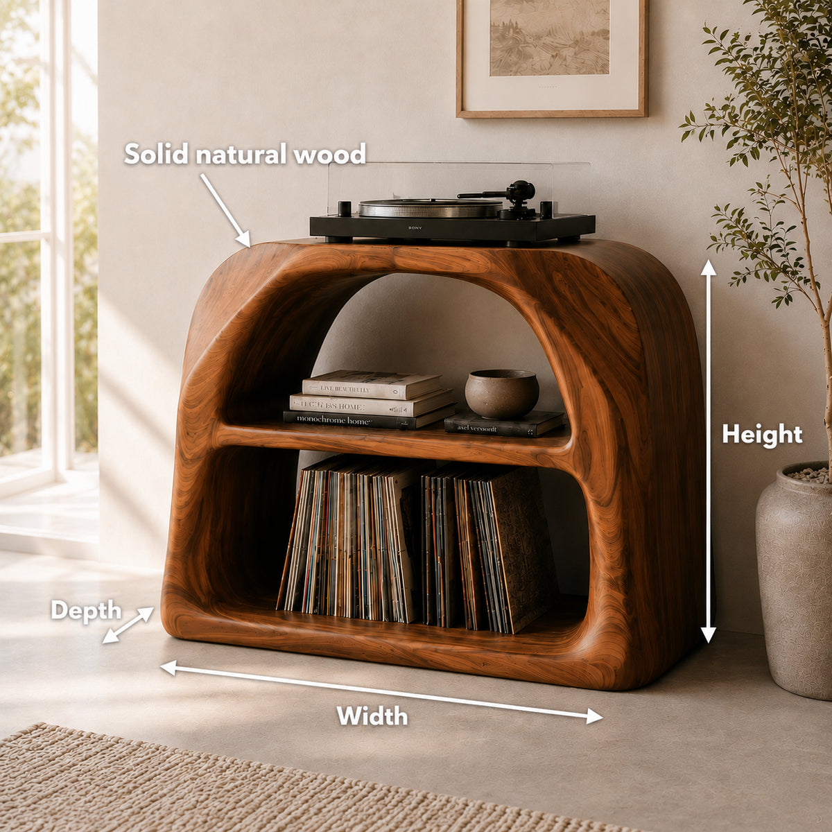 Record Player Stand with Arched Vinyl Storage in Natural Solid Wood - Rustiracraft