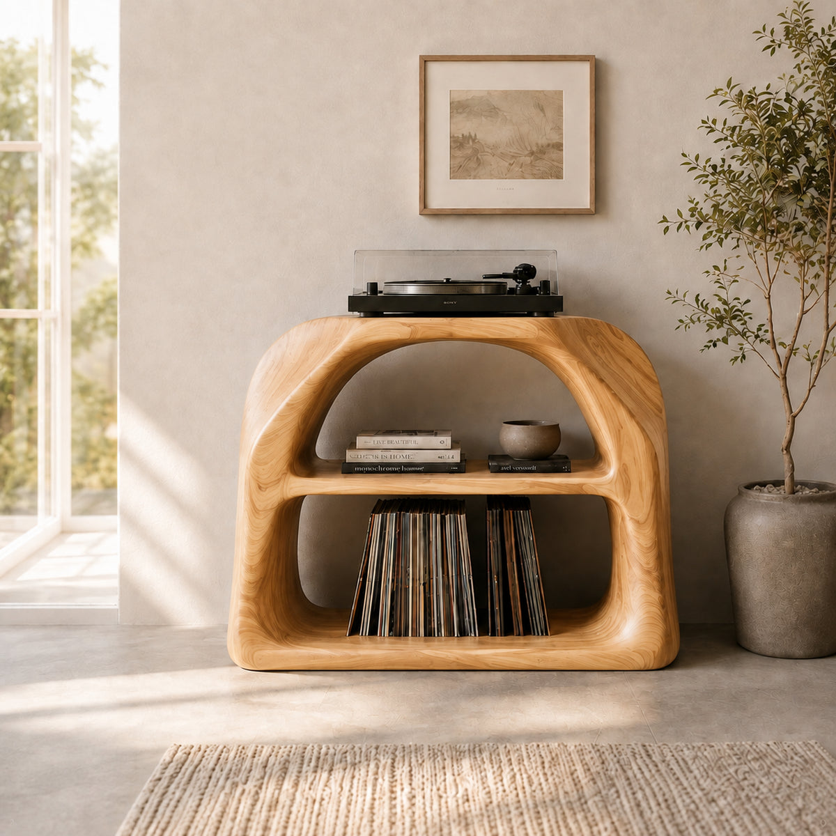 Record Player Stand with Arched Vinyl Storage in Natural Solid Wood - Rustiracraft