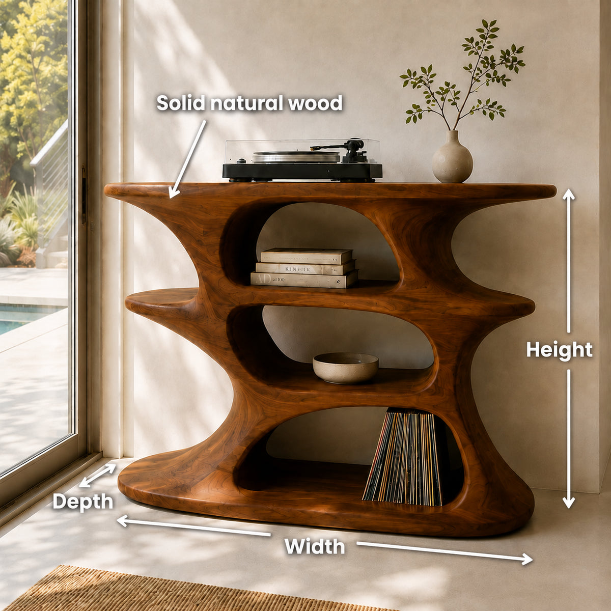 Record Player Stand with Biomorphic Curved Oval Openings in Solid Wood - Rustiracraft
