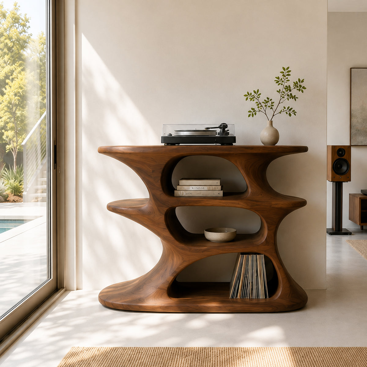Record Player Stand with Biomorphic Curved Oval Openings in Solid Wood - Rustiracraft