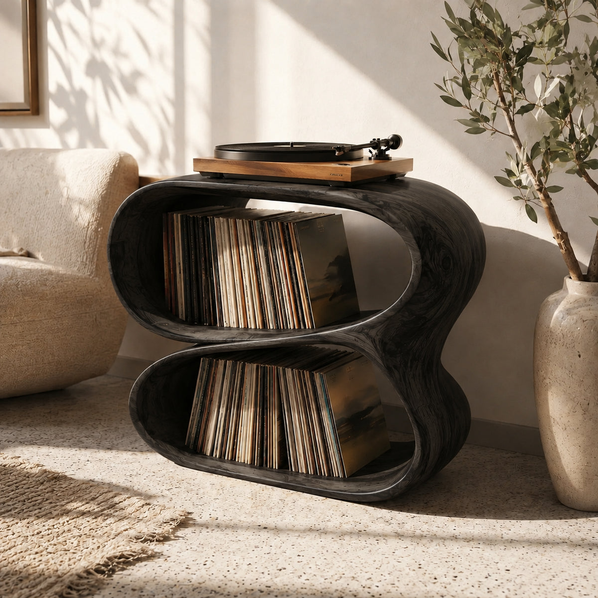 Record Player Stand with Dual Oval Vinyl Storage in Natural Solid Wood - Rustiracraft