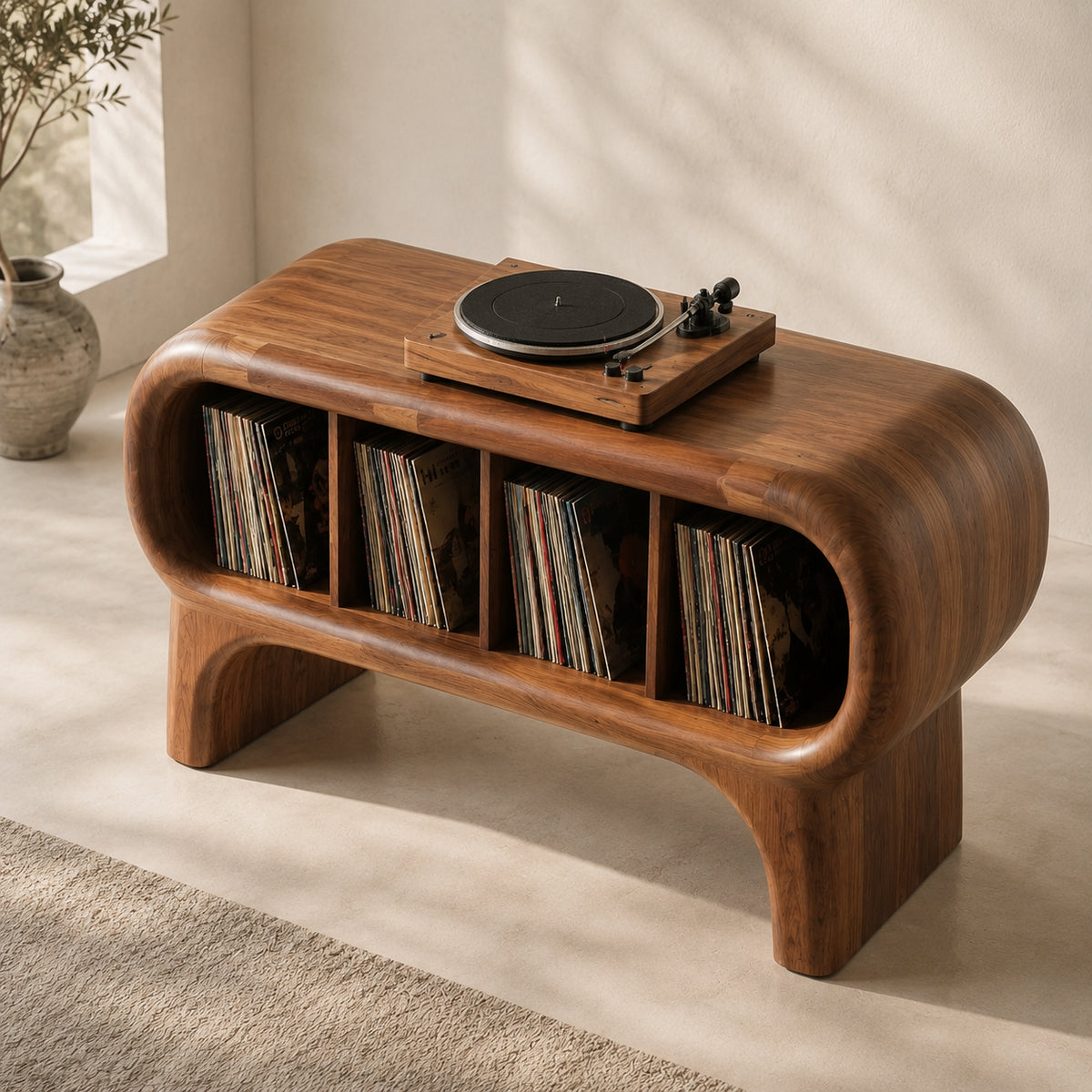 Record Player Stand with Four Vinyl Storage Compartments in Natural Solid Wood - Rustiracraft
