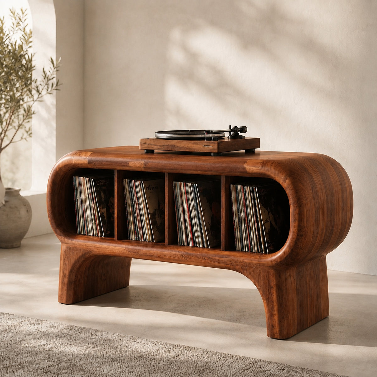 Record Player Stand with Four Vinyl Storage Compartments in Natural Solid Wood - Rustiracraft