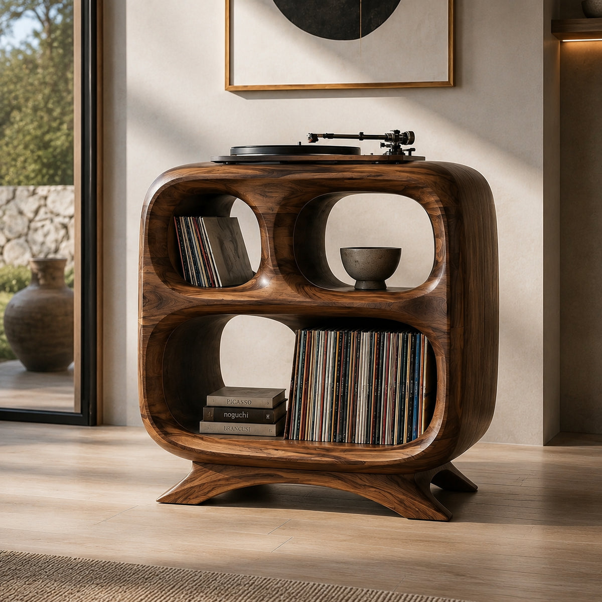 Record Player Stand with Rounded Oval Vinyl Storage in Natural Solid Wood - Rustiracraft