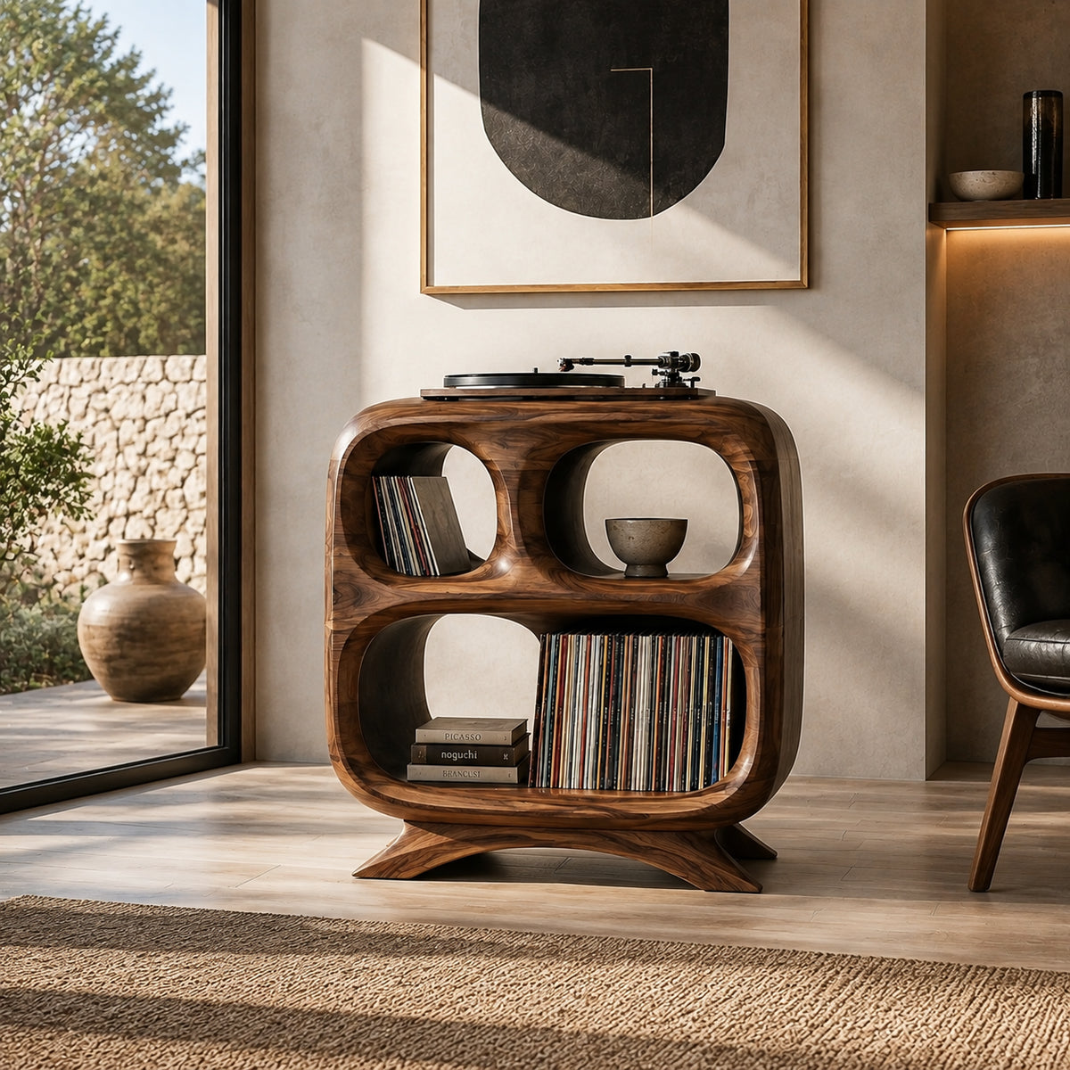Record Player Stand with Rounded Oval Vinyl Storage in Natural Solid Wood - Rustiracraft
