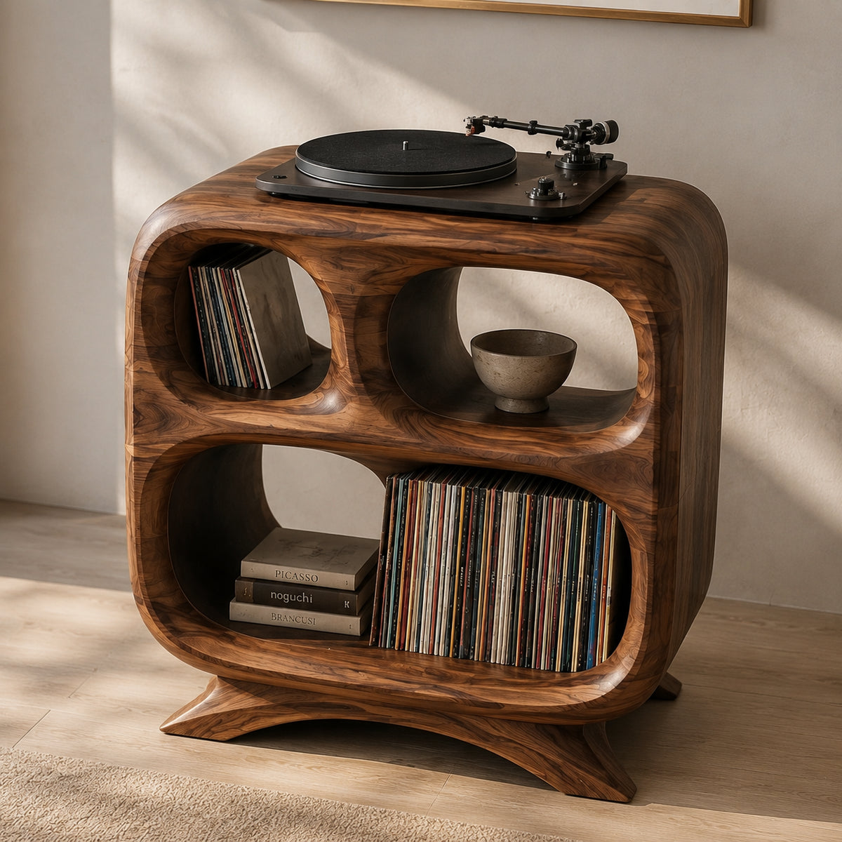 Record Player Stand with Rounded Oval Vinyl Storage in Natural Solid Wood - Rustiracraft