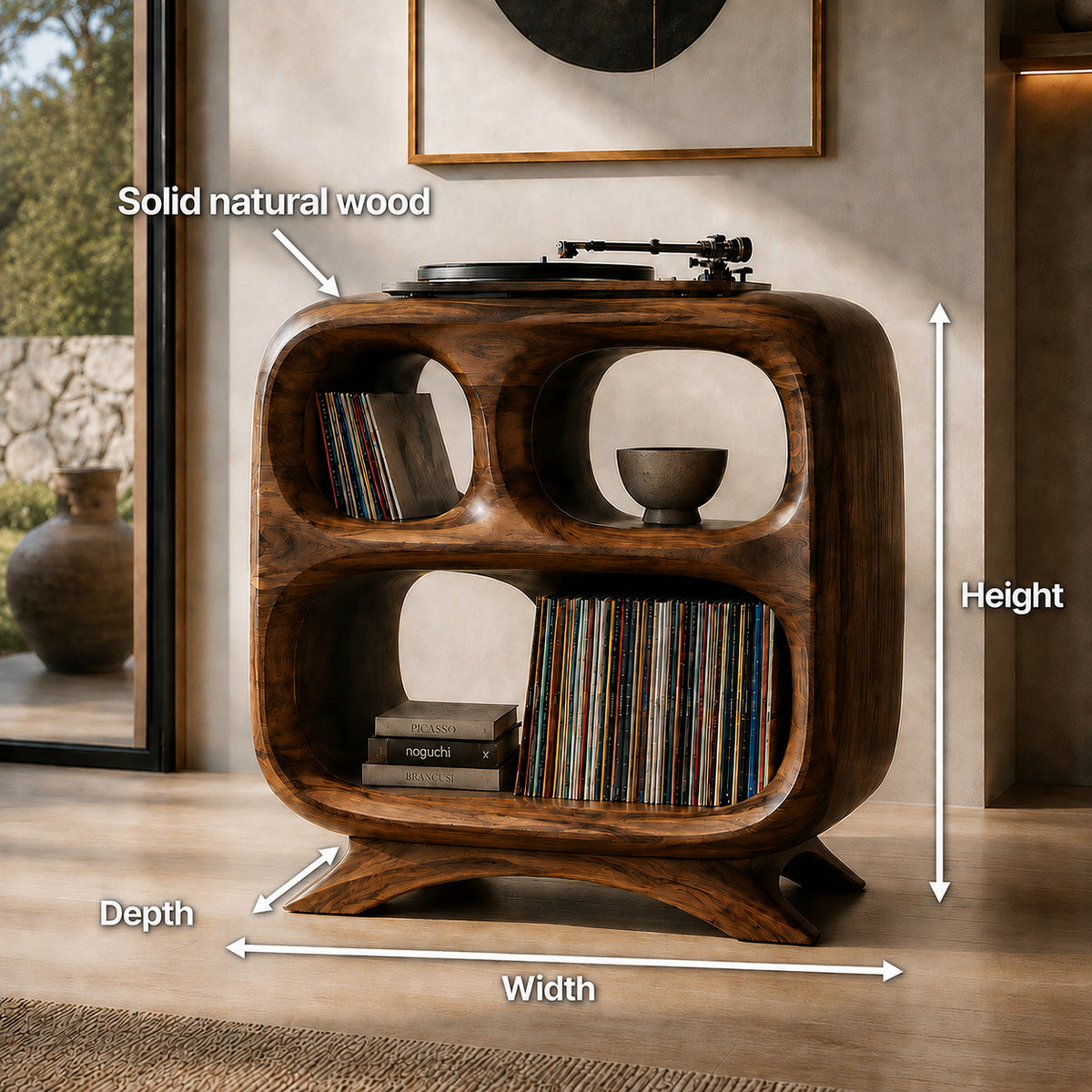 Record Player Stand with Rounded Oval Vinyl Storage in Natural Solid Wood - Rustiracraft