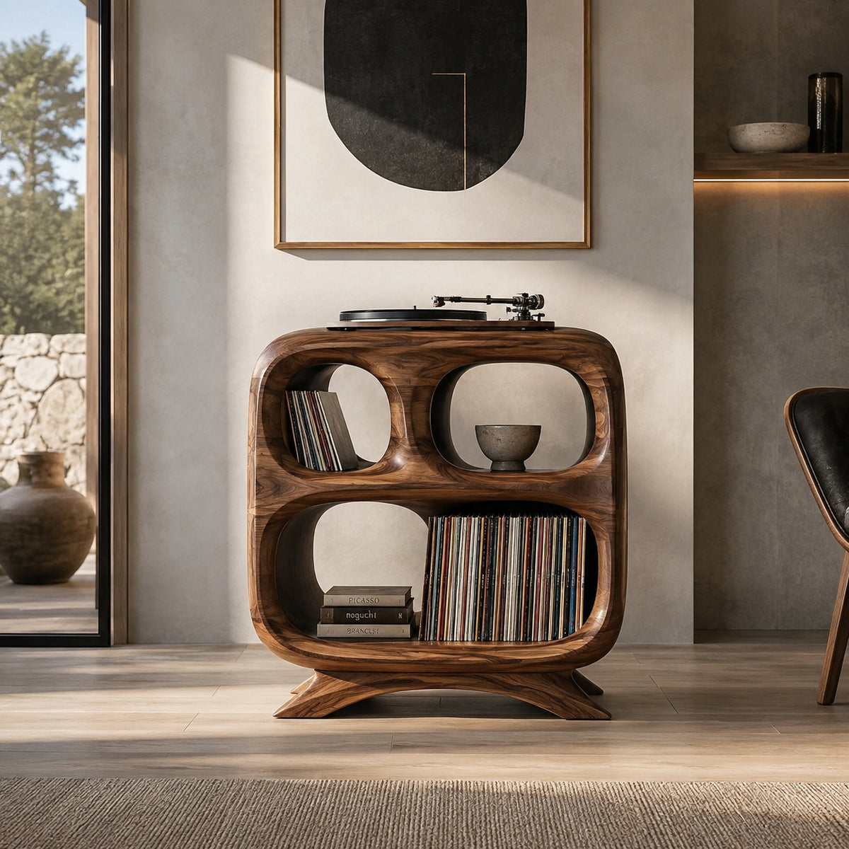 Record Player Stand with Rounded Oval Vinyl Storage in Natural Solid Wood - Rustiracraft