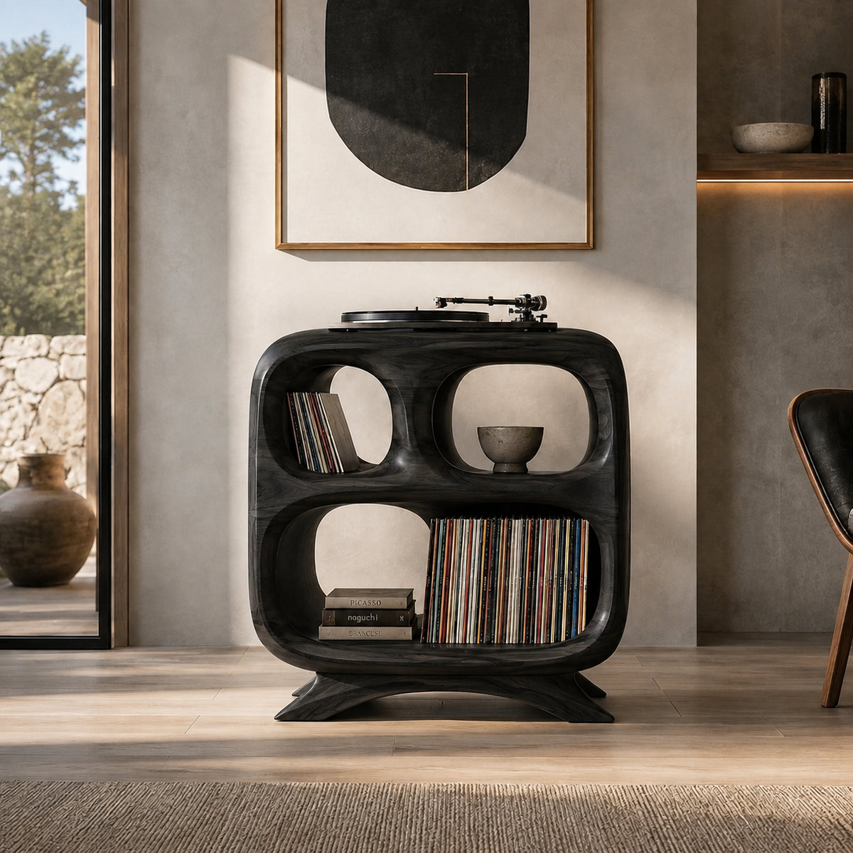Record Player Stand with Rounded Oval Vinyl Storage in Natural Solid Wood - Rustiracraft
