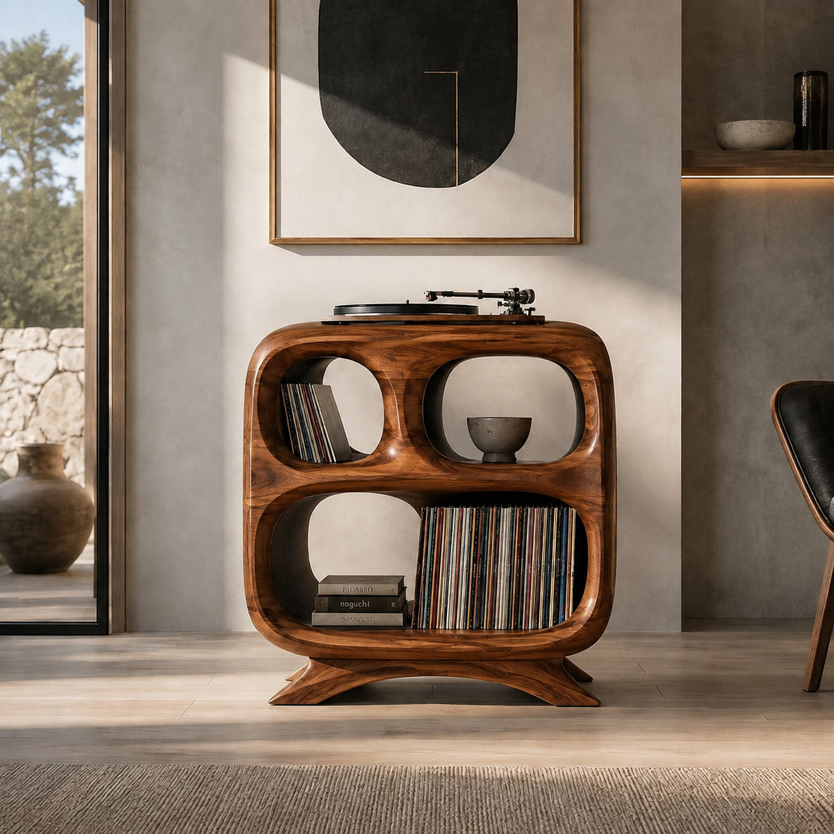 Record Player Stand with Rounded Oval Vinyl Storage in Natural Solid Wood - Rustiracraft