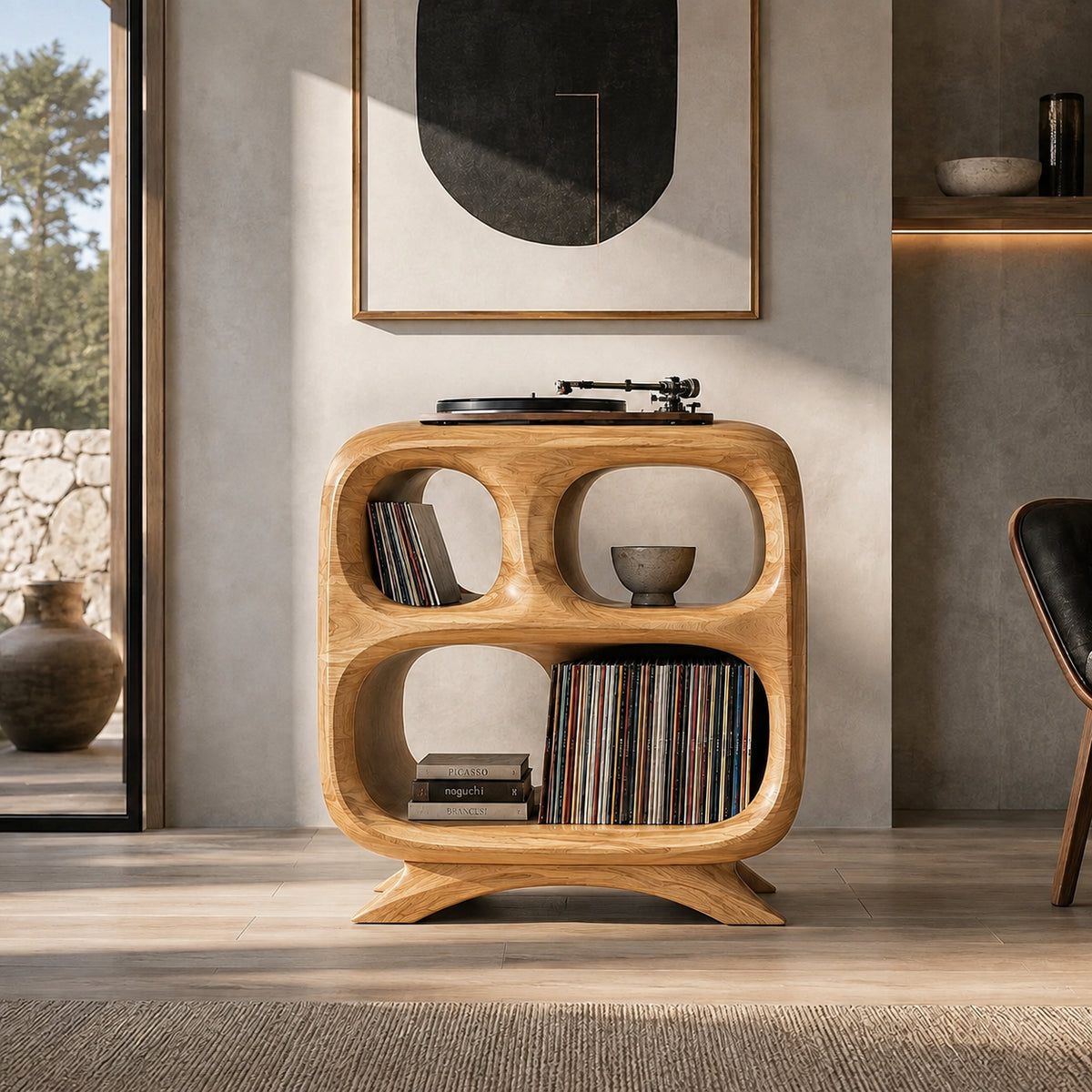 Record Player Stand with Rounded Oval Vinyl Storage in Natural Solid Wood - Rustiracraft