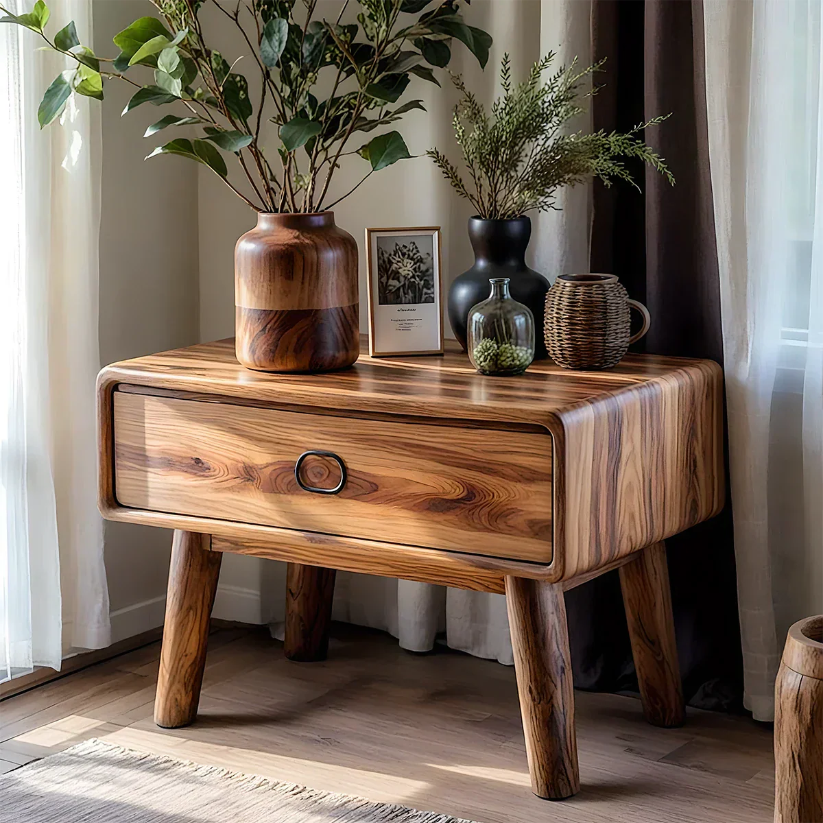 Rounded Solid Wood Nightstand – Minimalist Single-Drawer Design - Rustiracraft