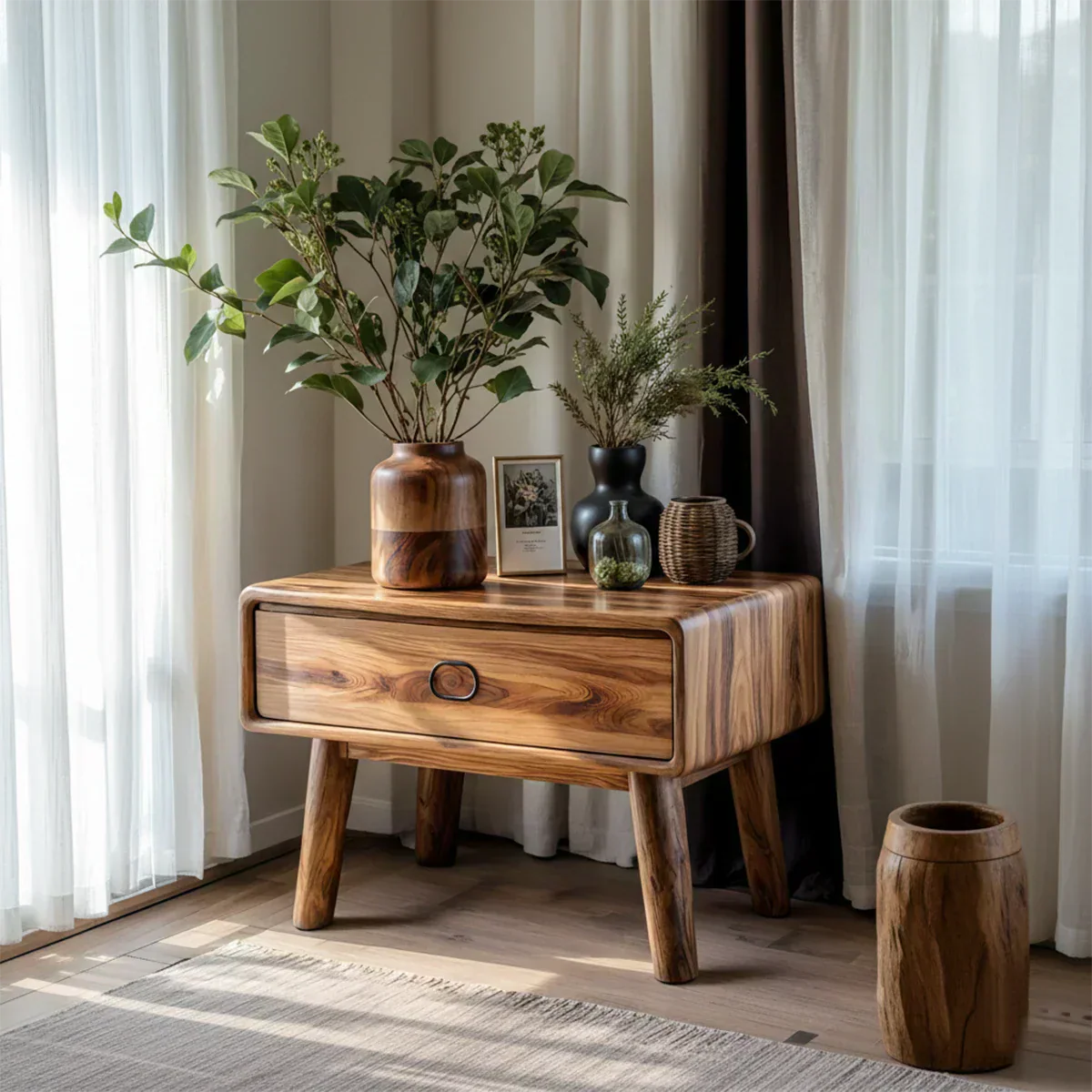 Rounded Solid Wood Nightstand – Minimalist Single-Drawer Design - Rustiracraft