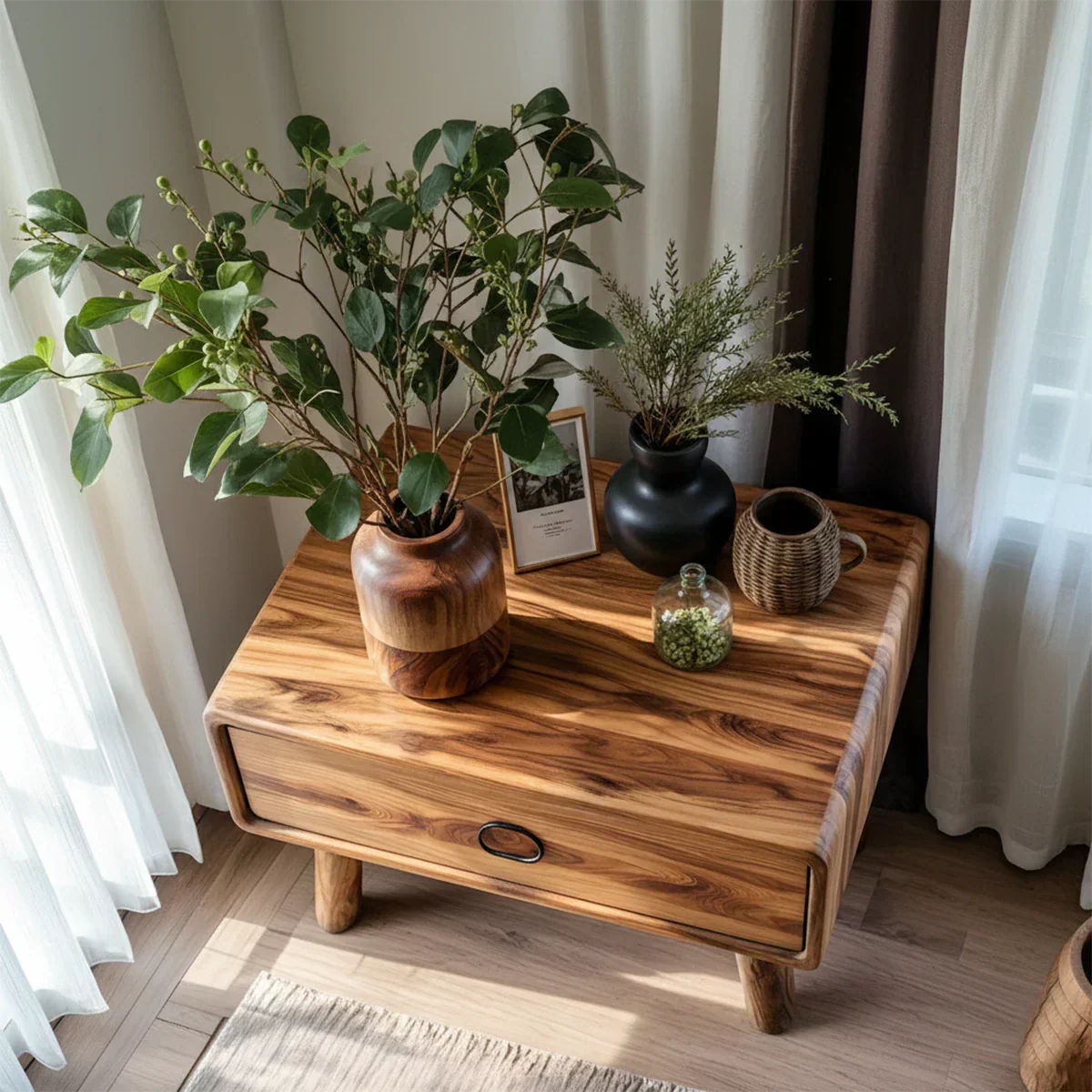 Rounded Solid Wood Nightstand – Minimalist Single-Drawer Design - Rustiracraft