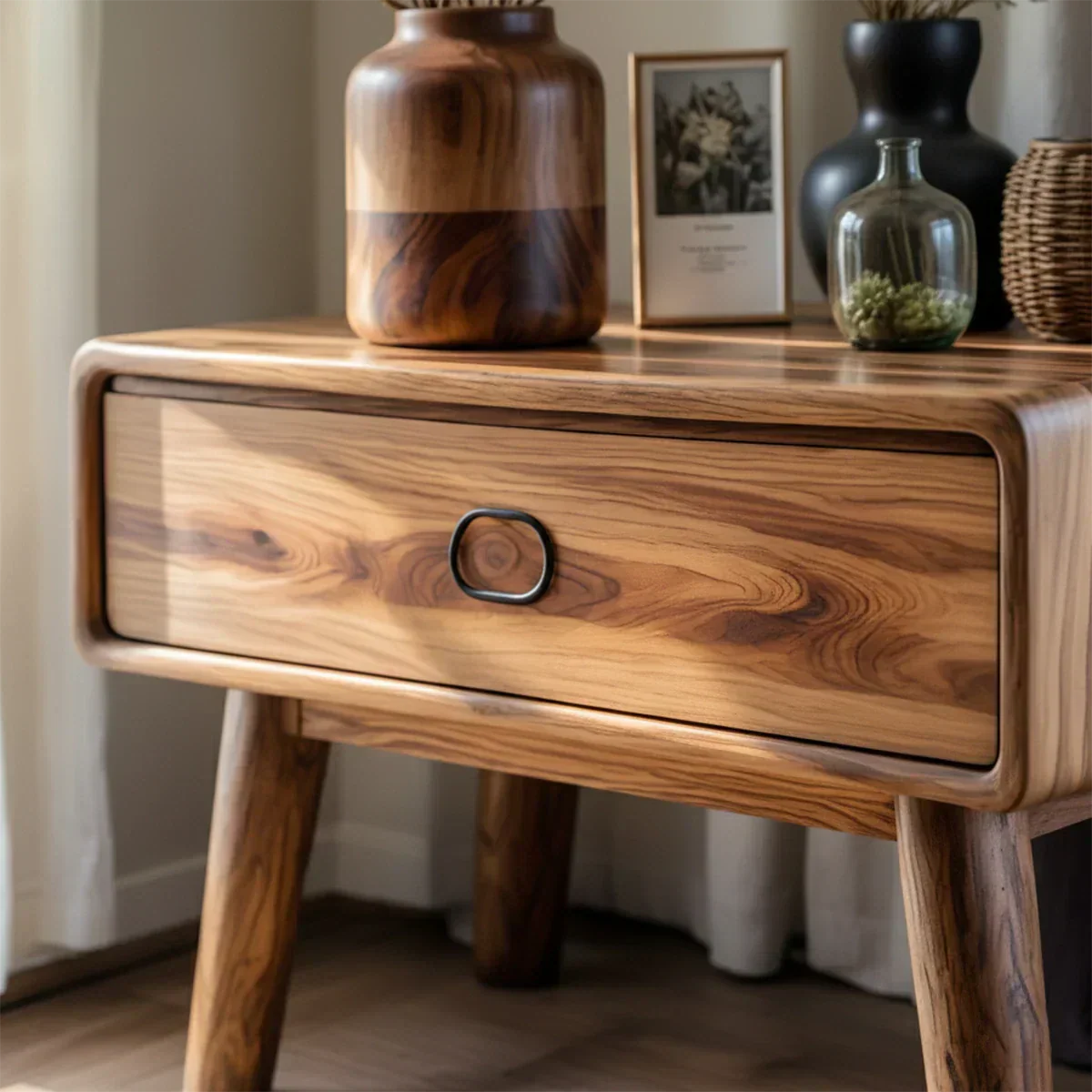 Rounded Solid Wood Nightstand – Minimalist Single-Drawer Design - Rustiracraft