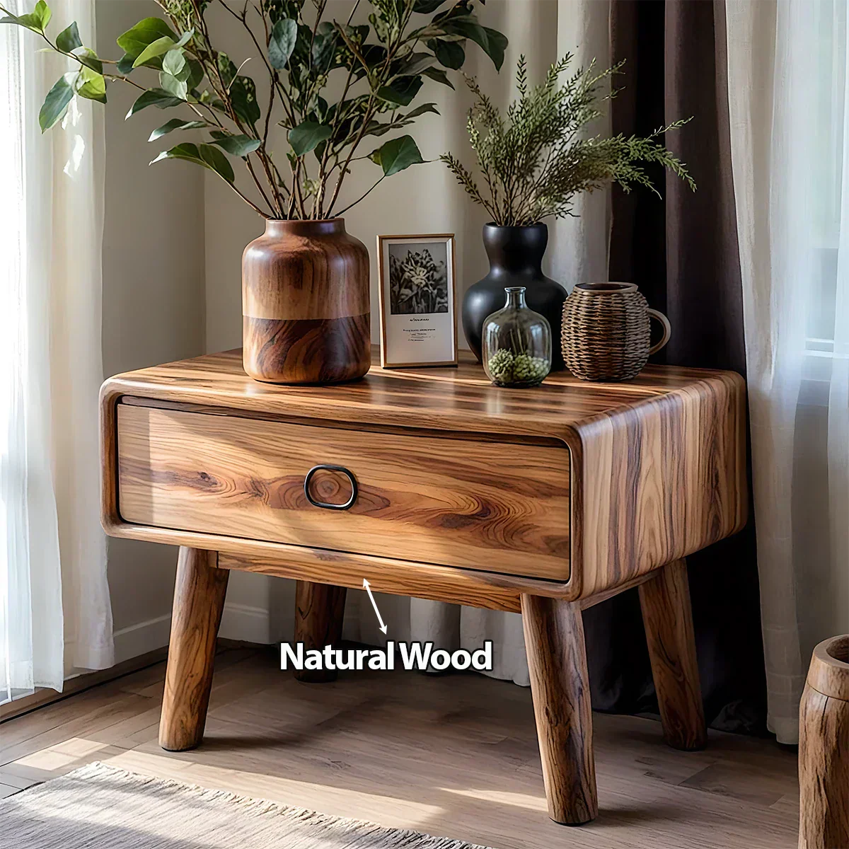 Rounded Solid Wood Nightstand – Minimalist Single-Drawer Design - Rustiracraft