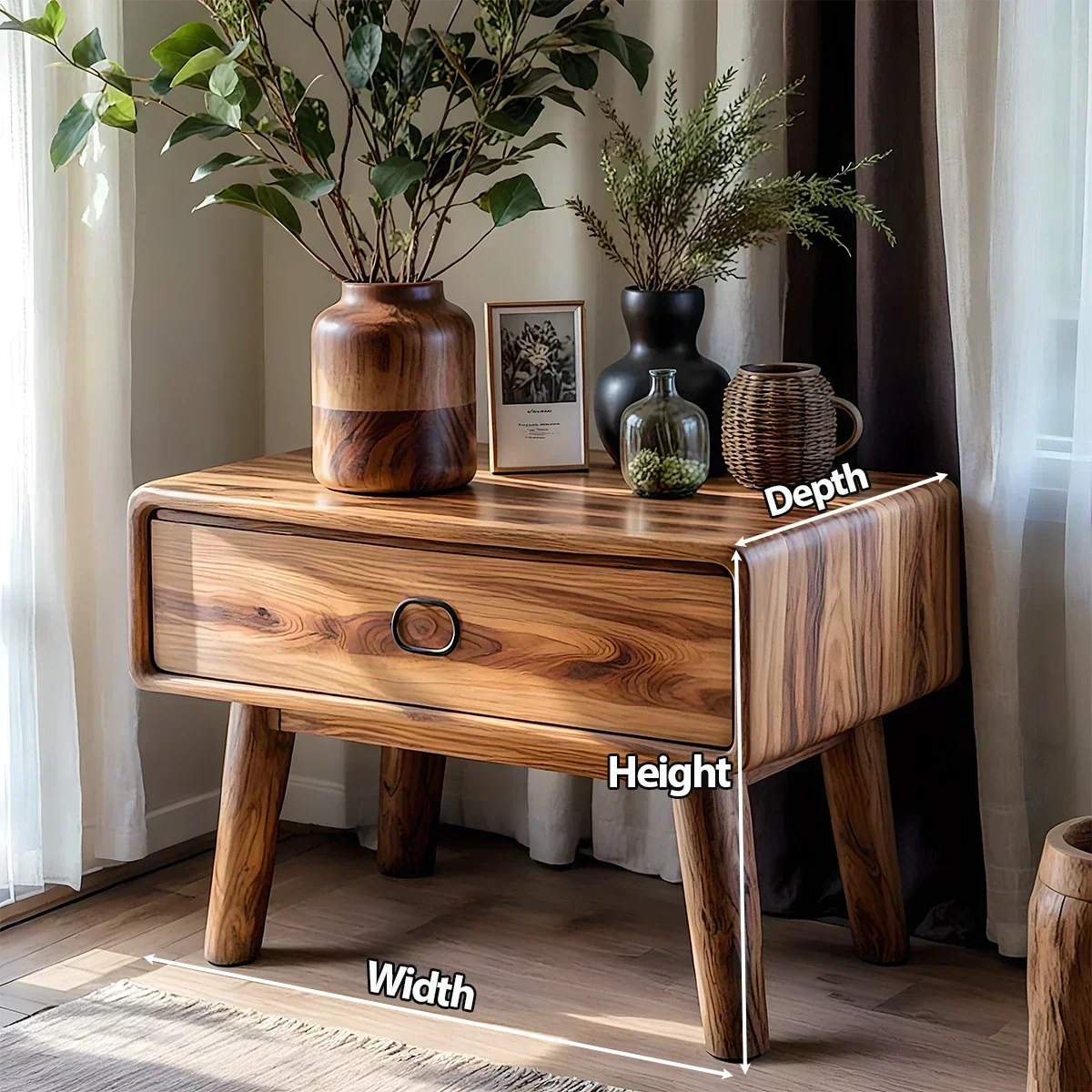 Rounded Solid Wood Nightstand – Minimalist Single-Drawer Design - Rustiracraft