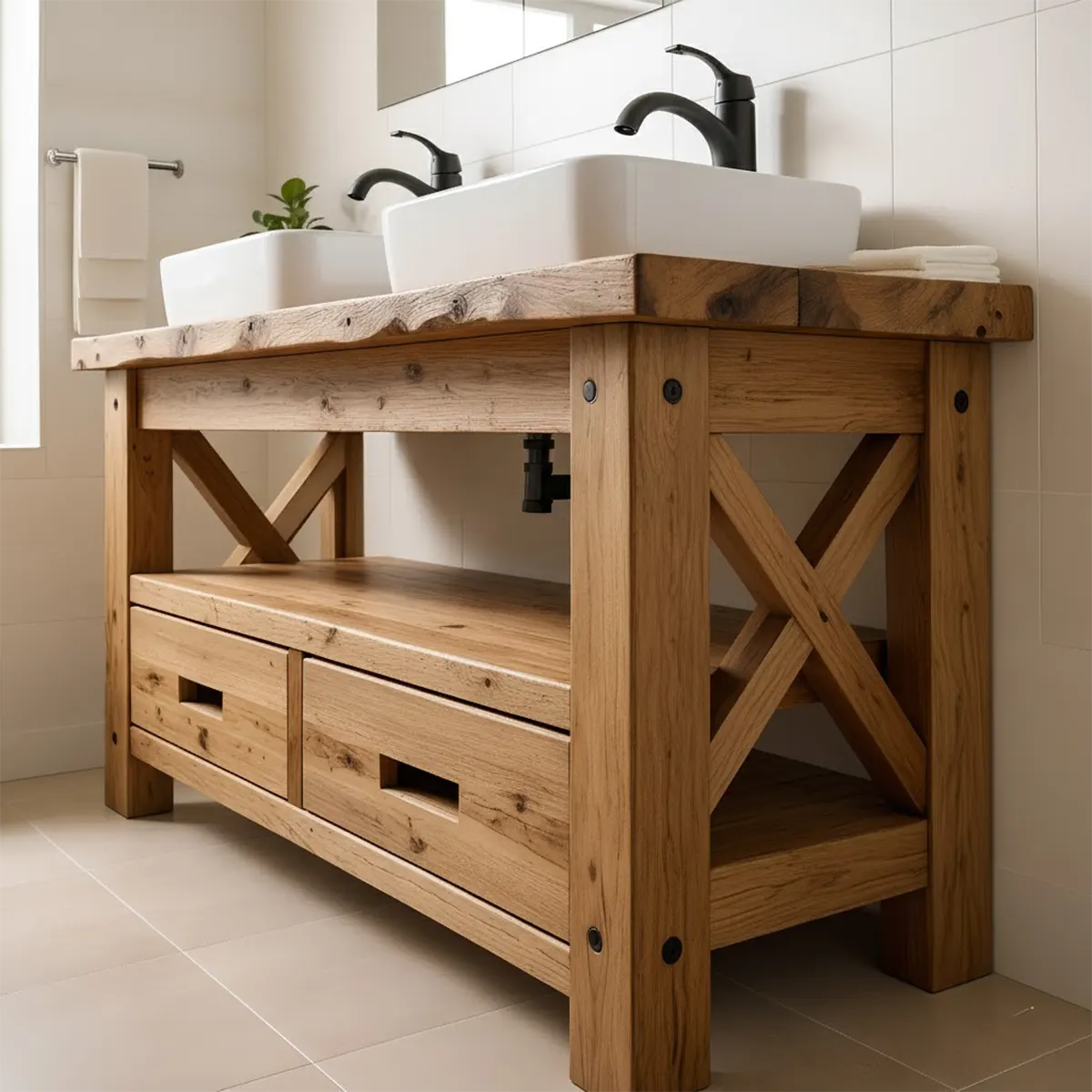 Rustic Farmhouse Solid Wood Double Sink Vanity With Drawers - Rustiracraft