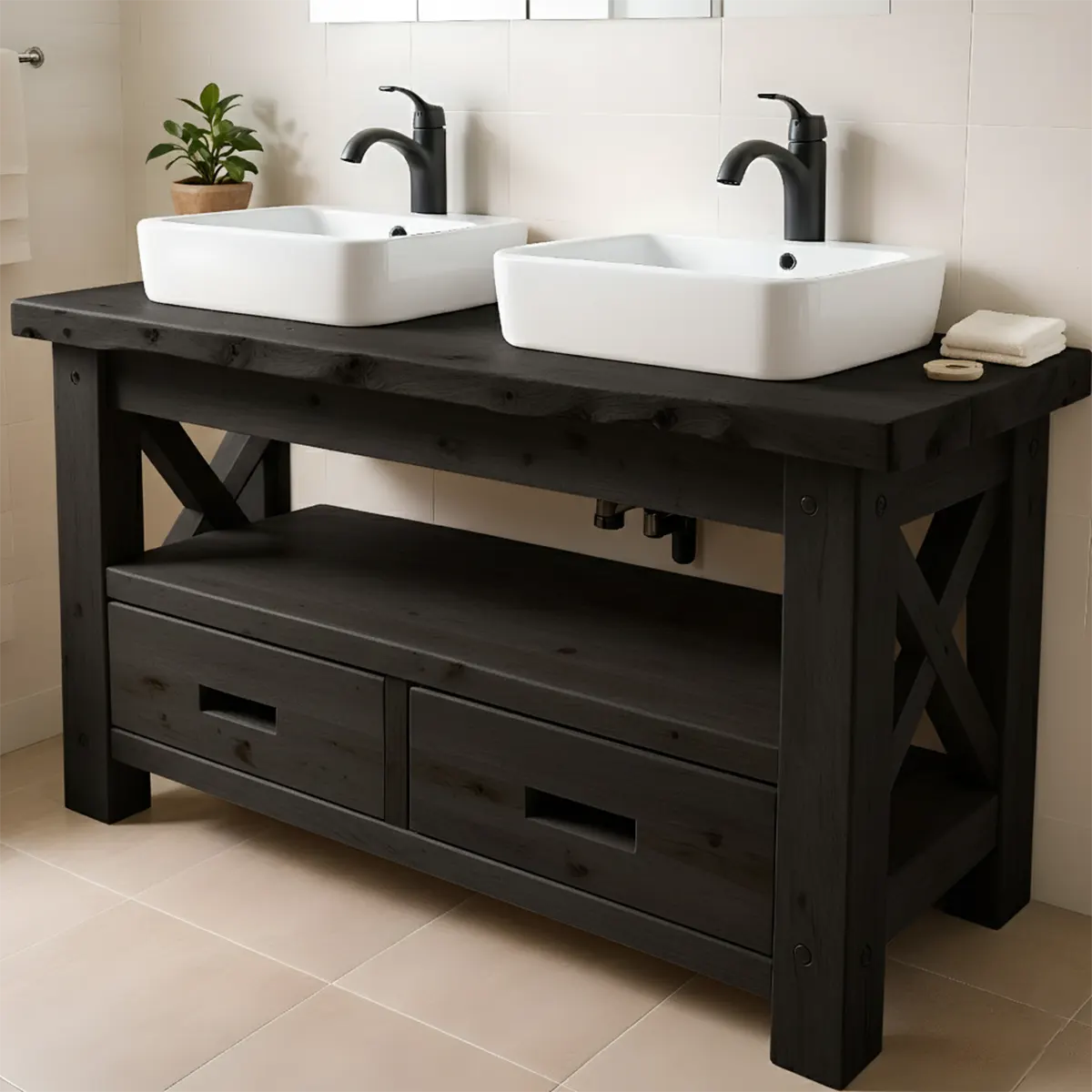 Rustic Farmhouse Solid Wood Double Sink Vanity With Drawers - Rustiracraft