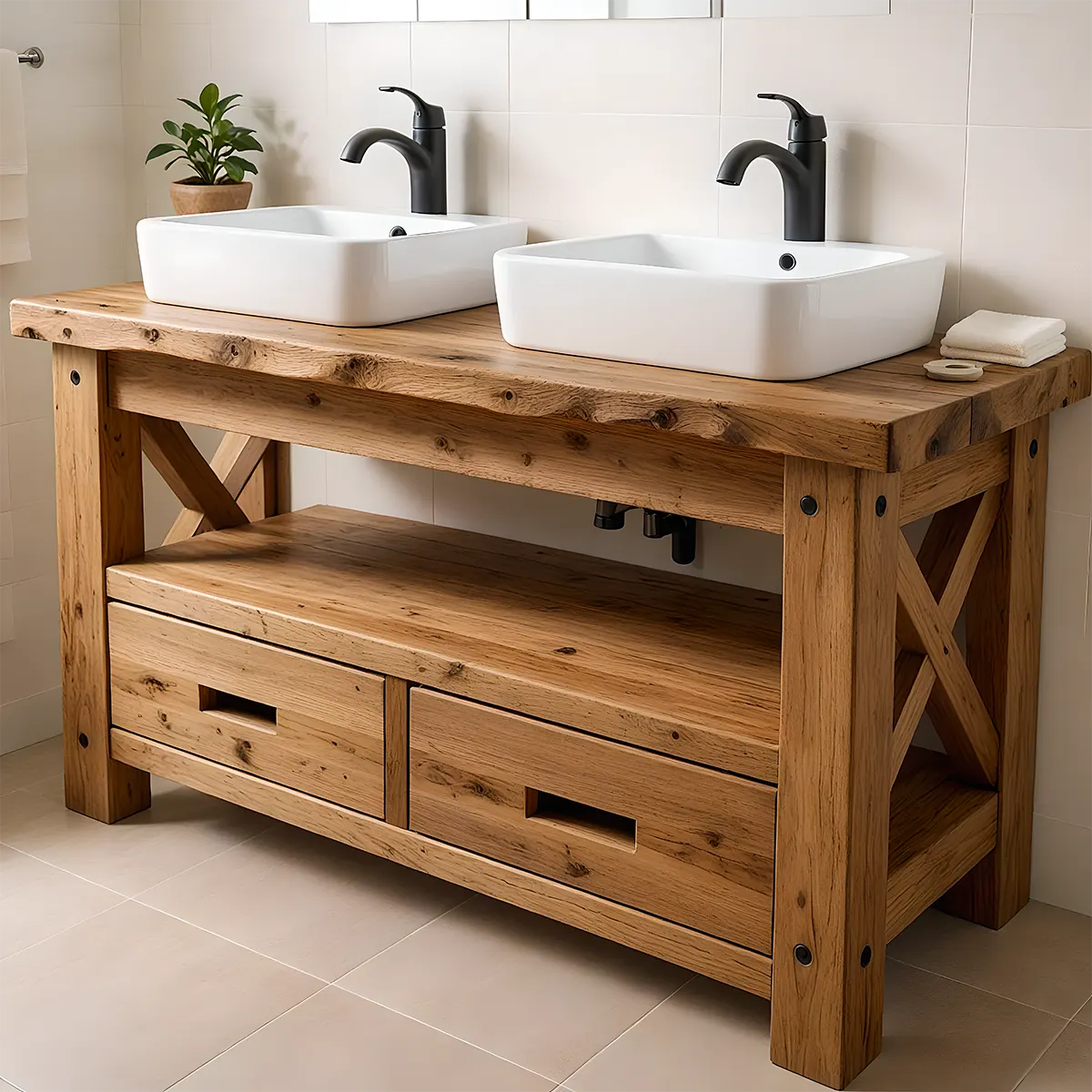 Rustic Farmhouse Solid Wood Double Sink Vanity With Drawers - Rustiracraft