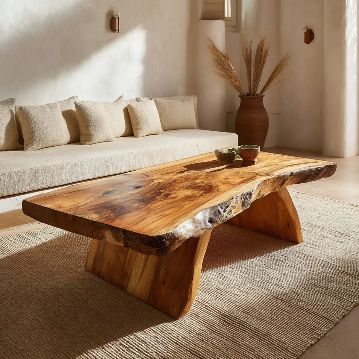 Rustic Live Edge Slab Coffee Table with Solid Block Base in Natural Solid Wood - Rustiracraft