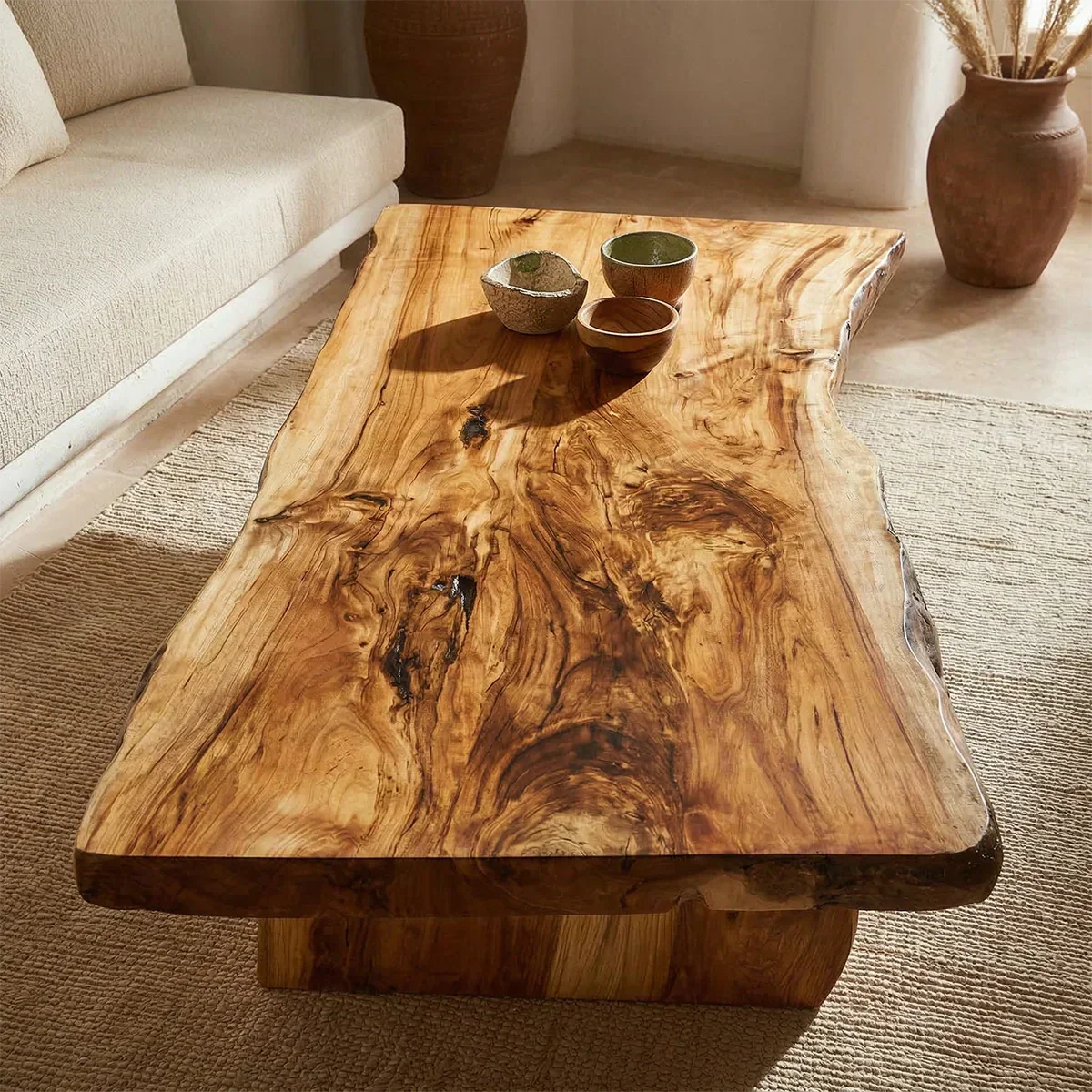 Rustic Live Edge Slab Coffee Table with Solid Block Base in Natural Solid Wood - Rustiracraft