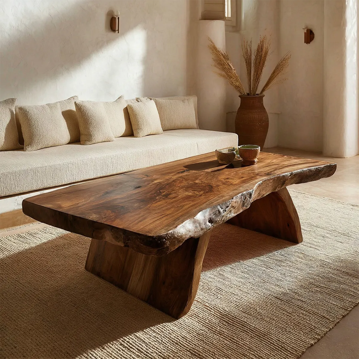 Rustic Live Edge Slab Coffee Table with Solid Block Base in Natural Solid Wood - Rustiracraft