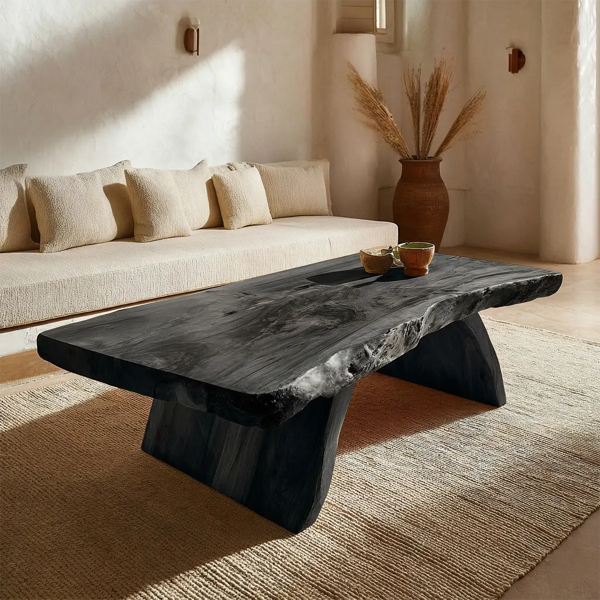 Rustic Live Edge Slab Coffee Table with Solid Block Base in Natural Solid Wood - Rustiracraft