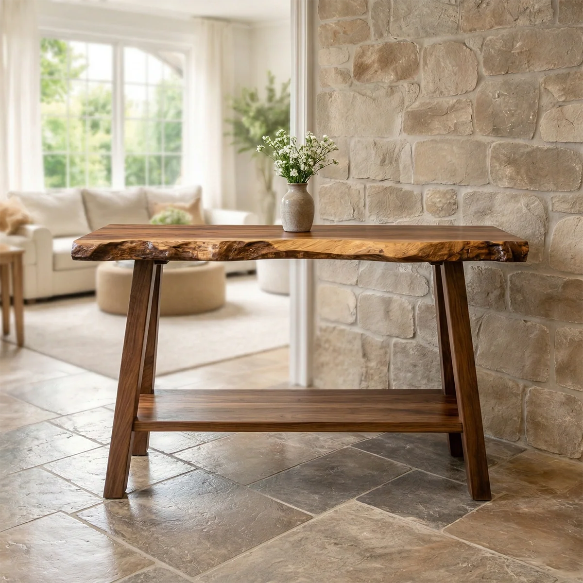 Rustic Live Edge Solid Wood Console Table with Storage Shelf - Rustiracraft