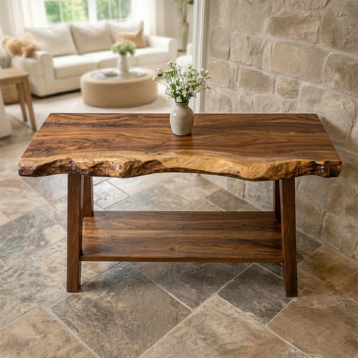 Rustic Live Edge Solid Wood Console Table with Storage Shelf - Rustiracraft