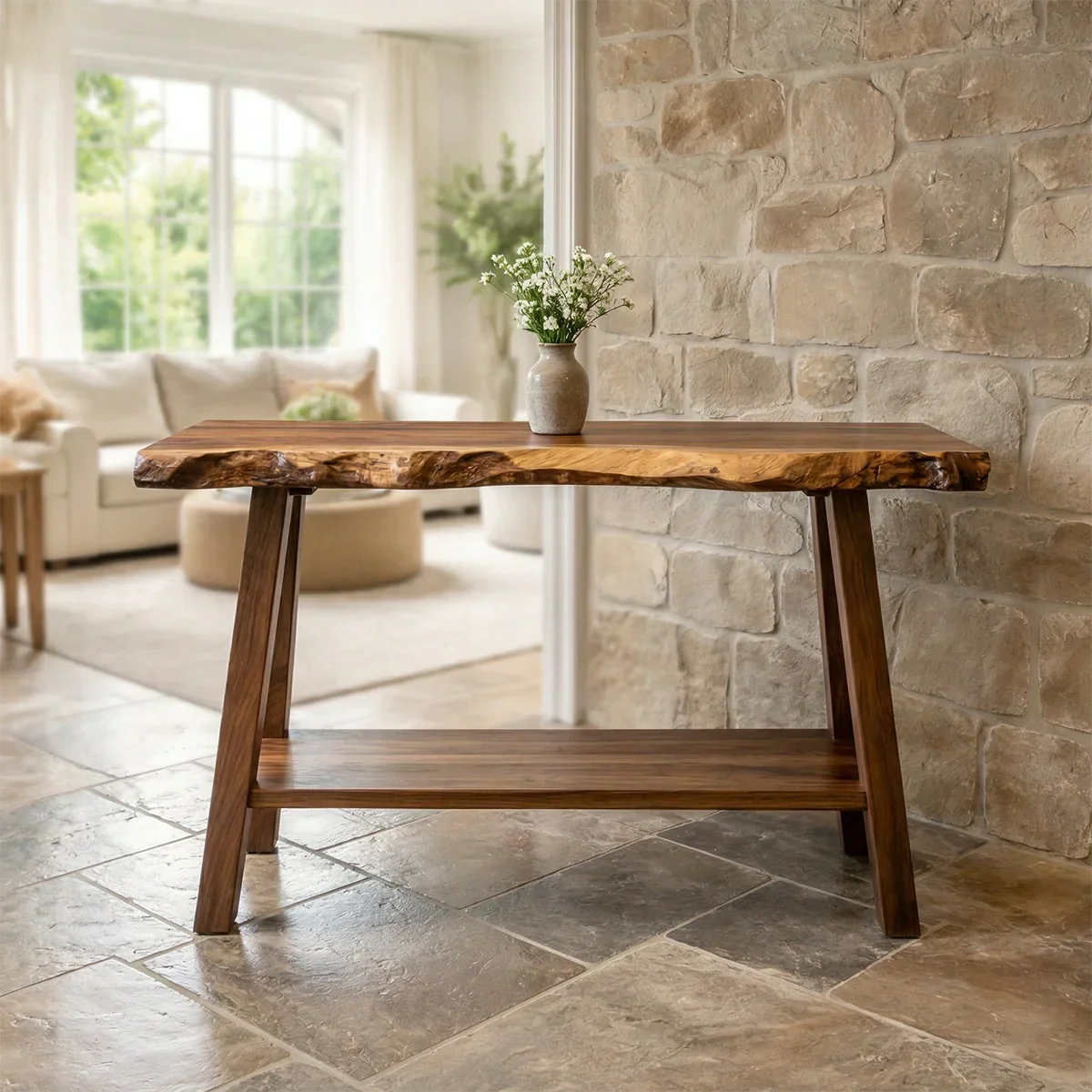 Rustic Live Edge Solid Wood Console Table with Storage Shelf - Rustiracraft