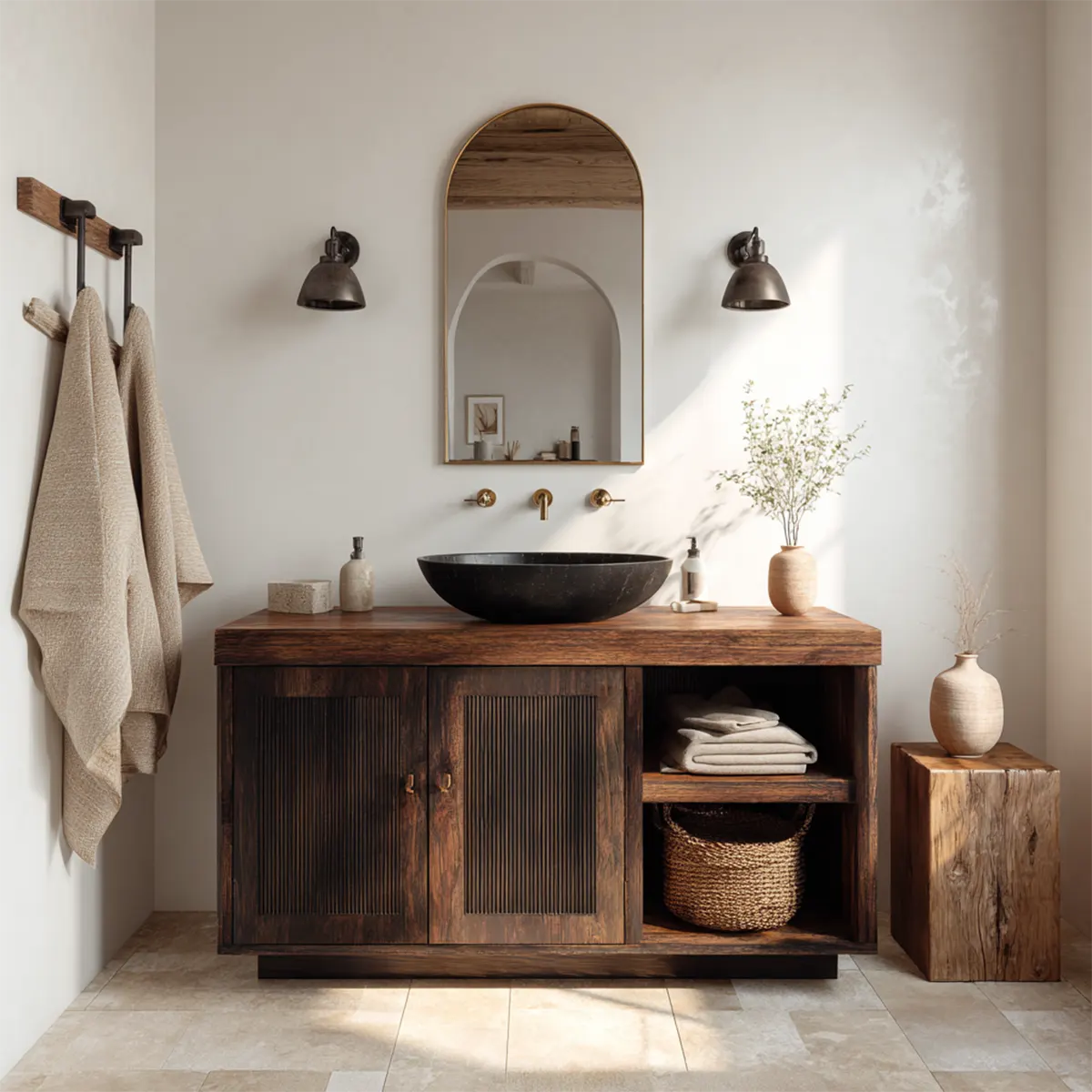 Rustic Natural Solid Wood Bathroom Vanity Cabinet with Open Shelf - Rustiracraft