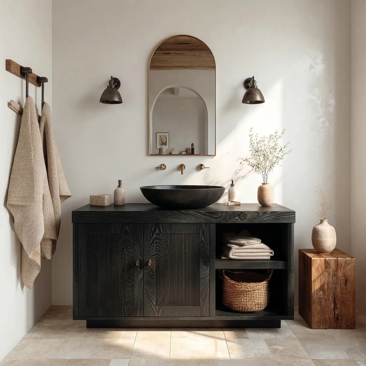Rustic Natural Solid Wood Bathroom Vanity Cabinet with Open Shelf - Rustiracraft