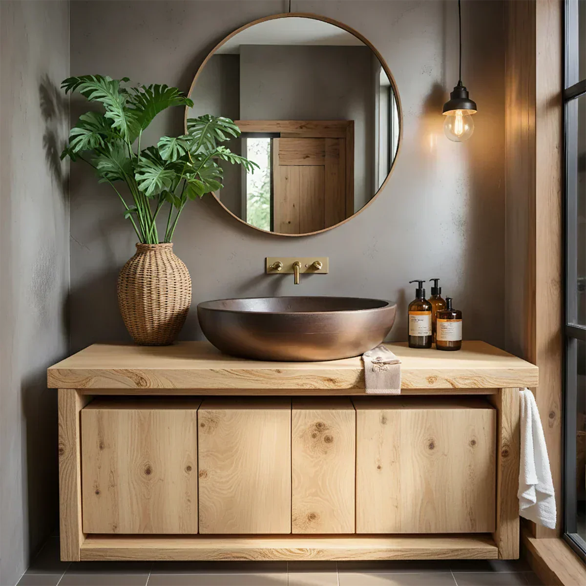Rustic Natural Solid Wood Vanity with Bold Grain Doors - Rustiracraft