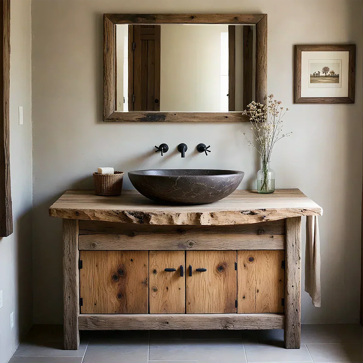 Rustic Natural Solid Wood Vanity with Live-Edge Top - Rustiracraft