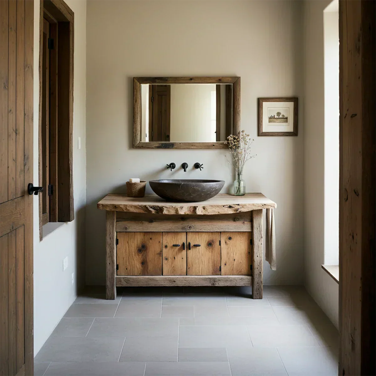 Rustic Natural Solid Wood Vanity with Live-Edge Top - Rustiracraft