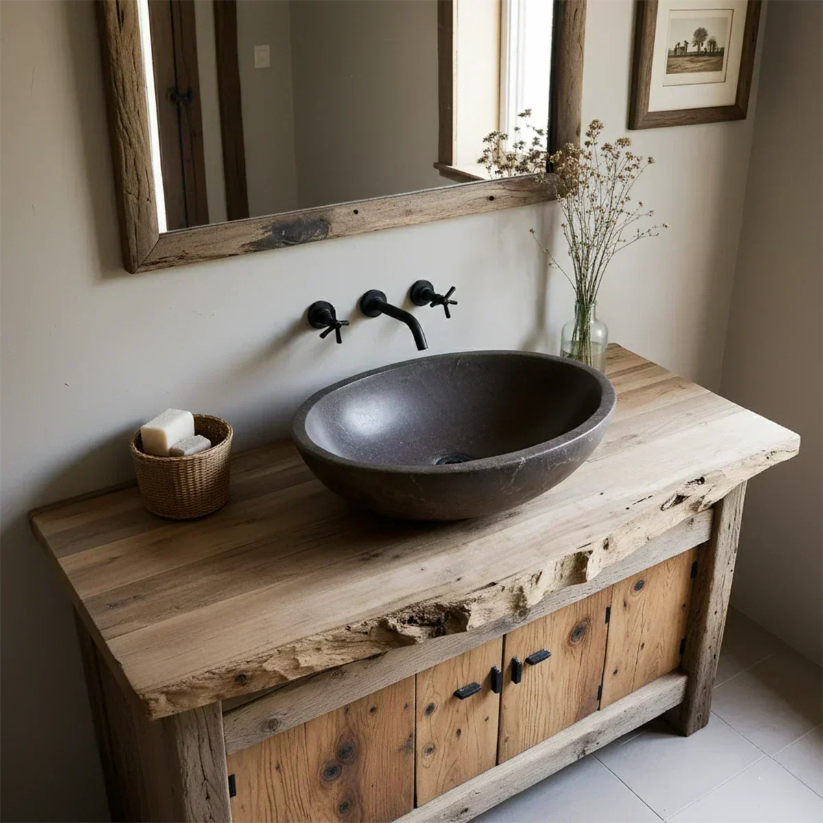 Rustic Natural Solid Wood Vanity with Live-Edge Top - Rustiracraft